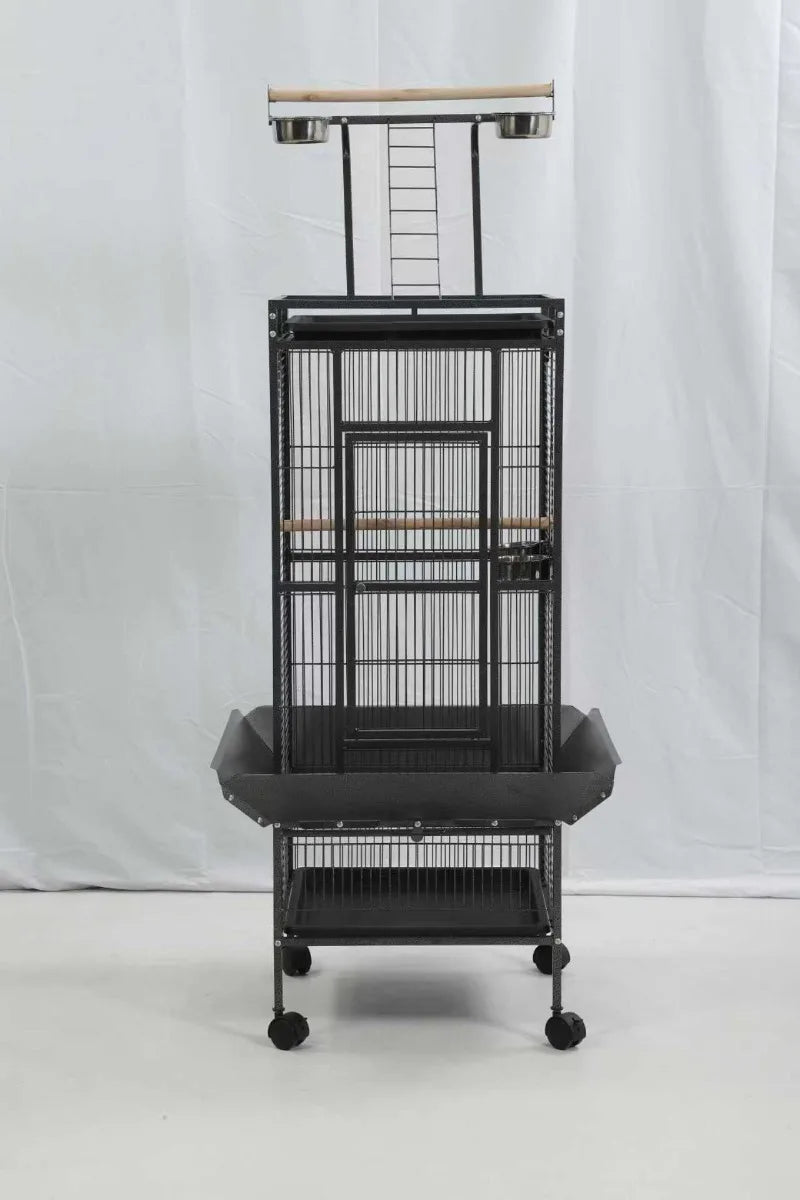 Play-Top Bird Cage 61" for Parrots, with Perch, Ladder, Stainless Feeder Cups, Anti-Splash Skirt & Rolling Stand