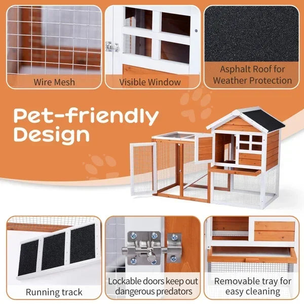 Wooden Rabbit Hutch 46" with Run, Fir Wood & Galvanized Mesh, Pull-Out Tray, Two Latching Doors & Waterproof Roof