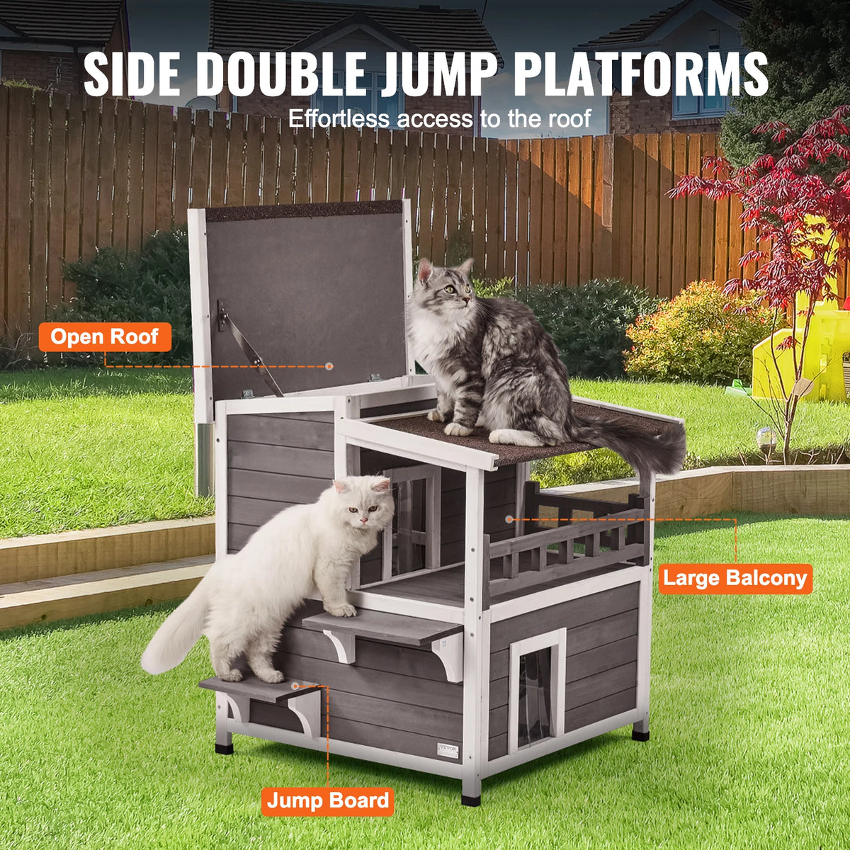 Outdoor Cat House 32", 2-Story Cedar Shelter with Balcony, Openable Roof & Door Curtain