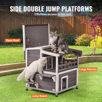 Outdoor Cat House 32", 2-Story Cedar Shelter with Balcony, Openable Roof & Door Curtain
