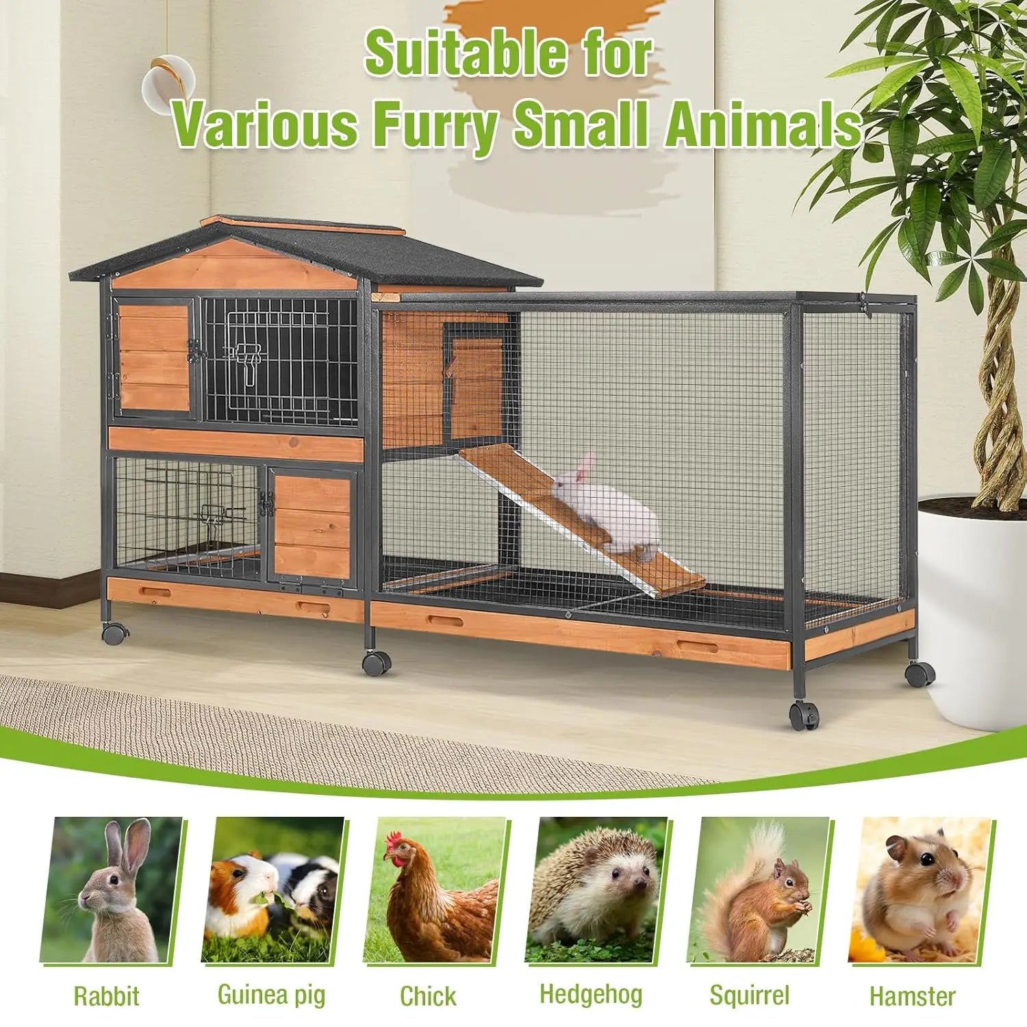 Rabbit Hutch 2-Story, Chew-Proof Wood with Metal Frame, 6 Locking Casters & 3 Pull-Out Trays