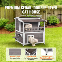 Outdoor Cat House 32", 2-Story Cedar Shelter with Balcony, Openable Roof & Door Curtain