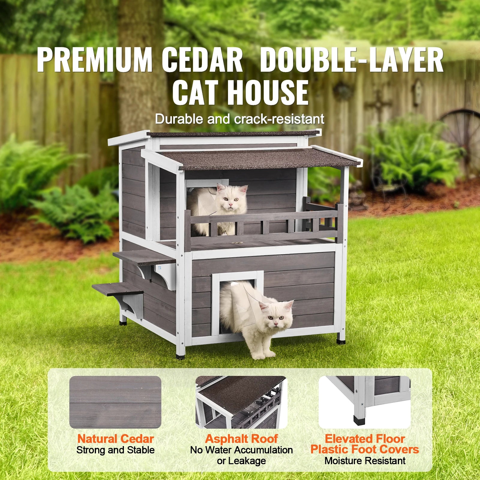 Outdoor Cat House 32", 2-Story Cedar Shelter with Balcony, Openable Roof & Door Curtain
