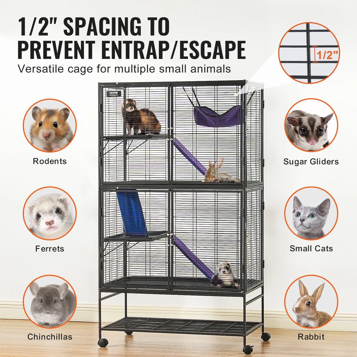 Rolling Small Animal Cage, Multi-Level Metal Critter Cage with Platforms, Ramps, Pull-Out Tray & Lockable Casters — 5 Sizes