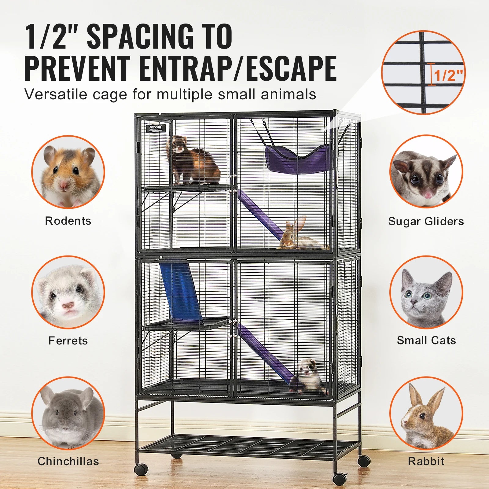 Rolling Small Animal Cage, Multi-Level Metal Critter Cage with Platforms, Ramps, Pull-Out Tray & Lockable Casters — 5 Sizes