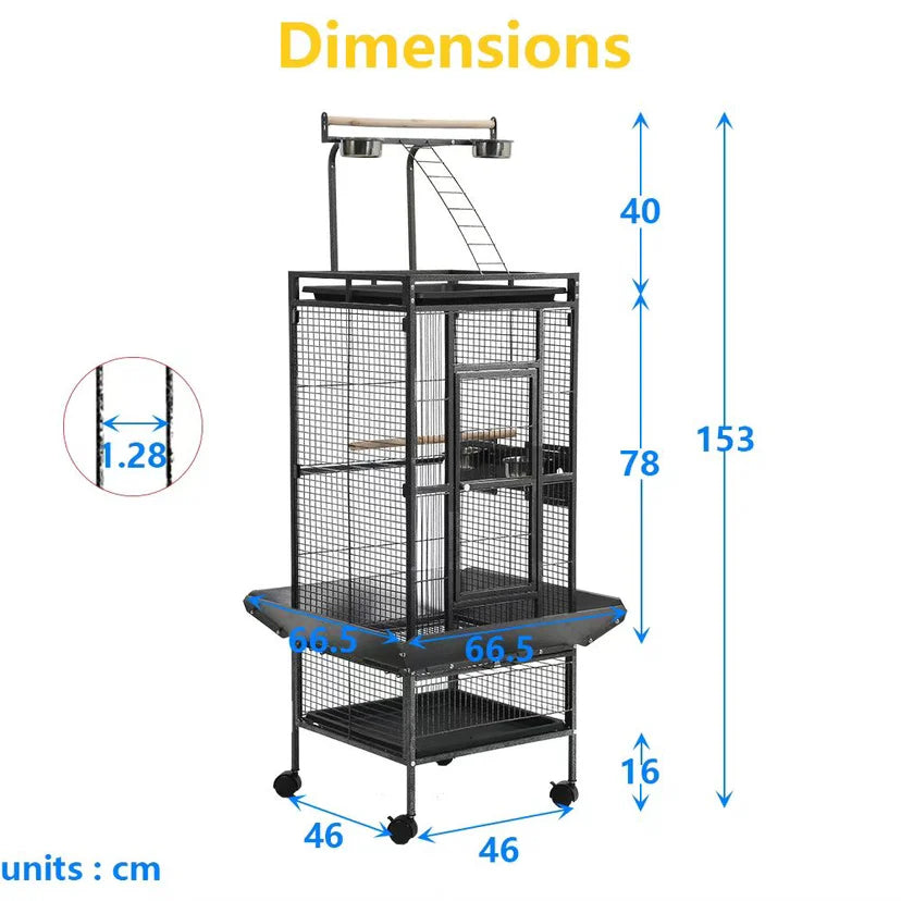 Play-Top Bird Cage 61" for Parrots, with Perch, Ladder, Stainless Feeder Cups, Anti-Splash Skirt & Rolling Stand
