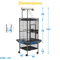 Play-Top Bird Cage 61" for Parrots, with Perch, Ladder, Stainless Feeder Cups, Anti-Splash Skirt & Rolling Stand