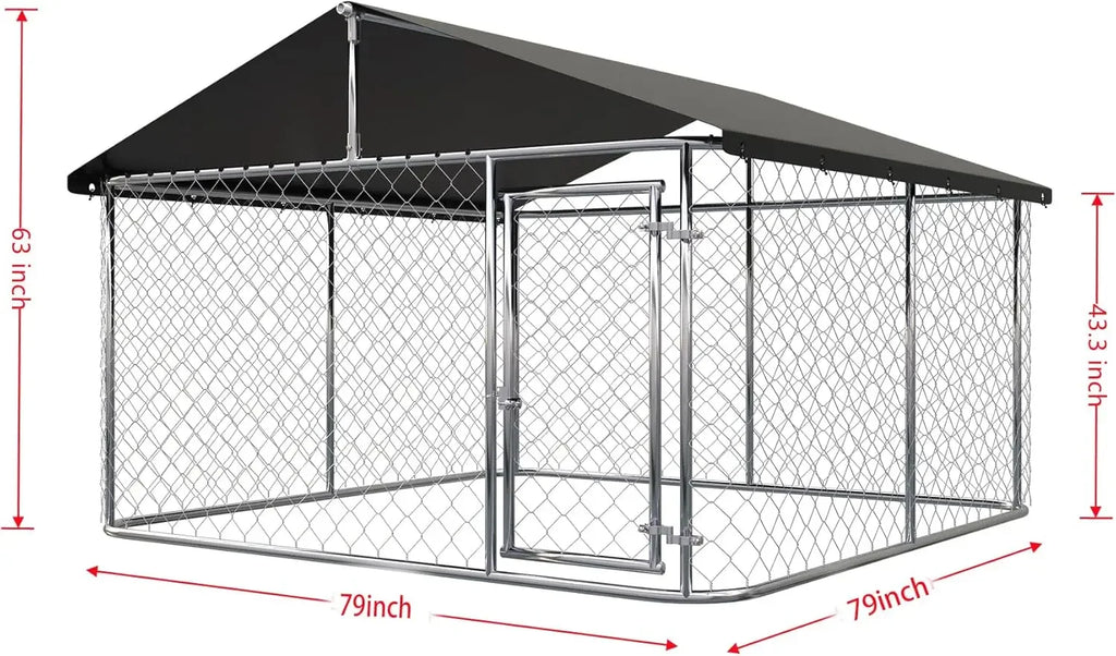 Outdoor Dog Kennel 6.5×6.5 ft, Galvanized Chain-Link with Waterproof Canopy Roof, Ground Stakes & Secure Lock