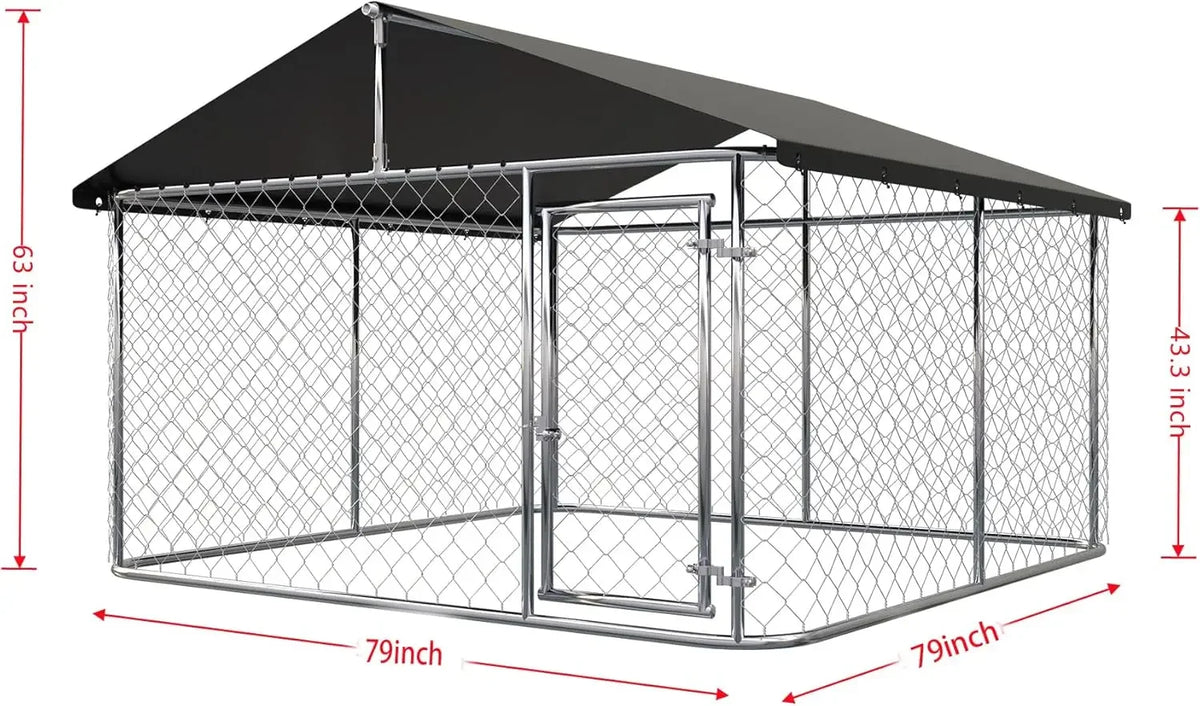 Outdoor Dog Kennel 6.5×6.5 ft, Galvanized Chain-Link with Waterproof Canopy Roof, Ground Stakes & Secure Lock