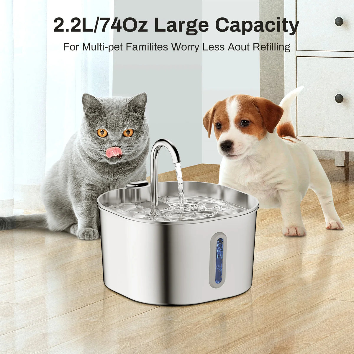 Cat Water Fountain 2.2L, Stainless Steel with Motion Sensor, 30dB Quiet Pump & Water Level Window
