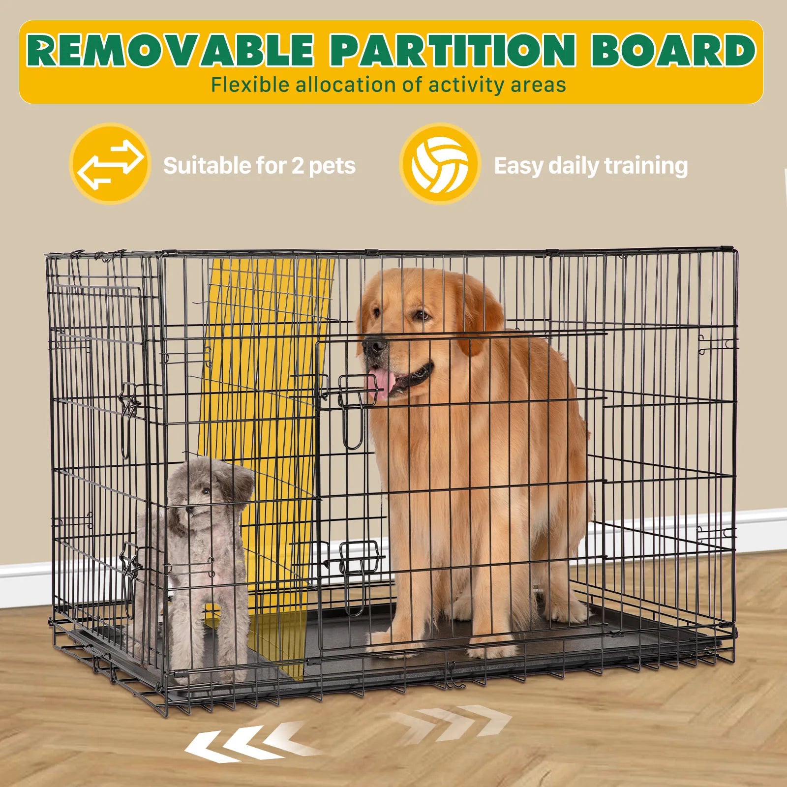 Dog Crate 36"–48", Folding Metal Wire with Double Doors, Divider Panel & Leak-Proof Tray