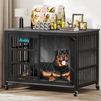 Dog Crate Furniture 41"–46", Heavy-Duty Metal & Wood with Double Doors, 6 Slide Locks & Locking Casters