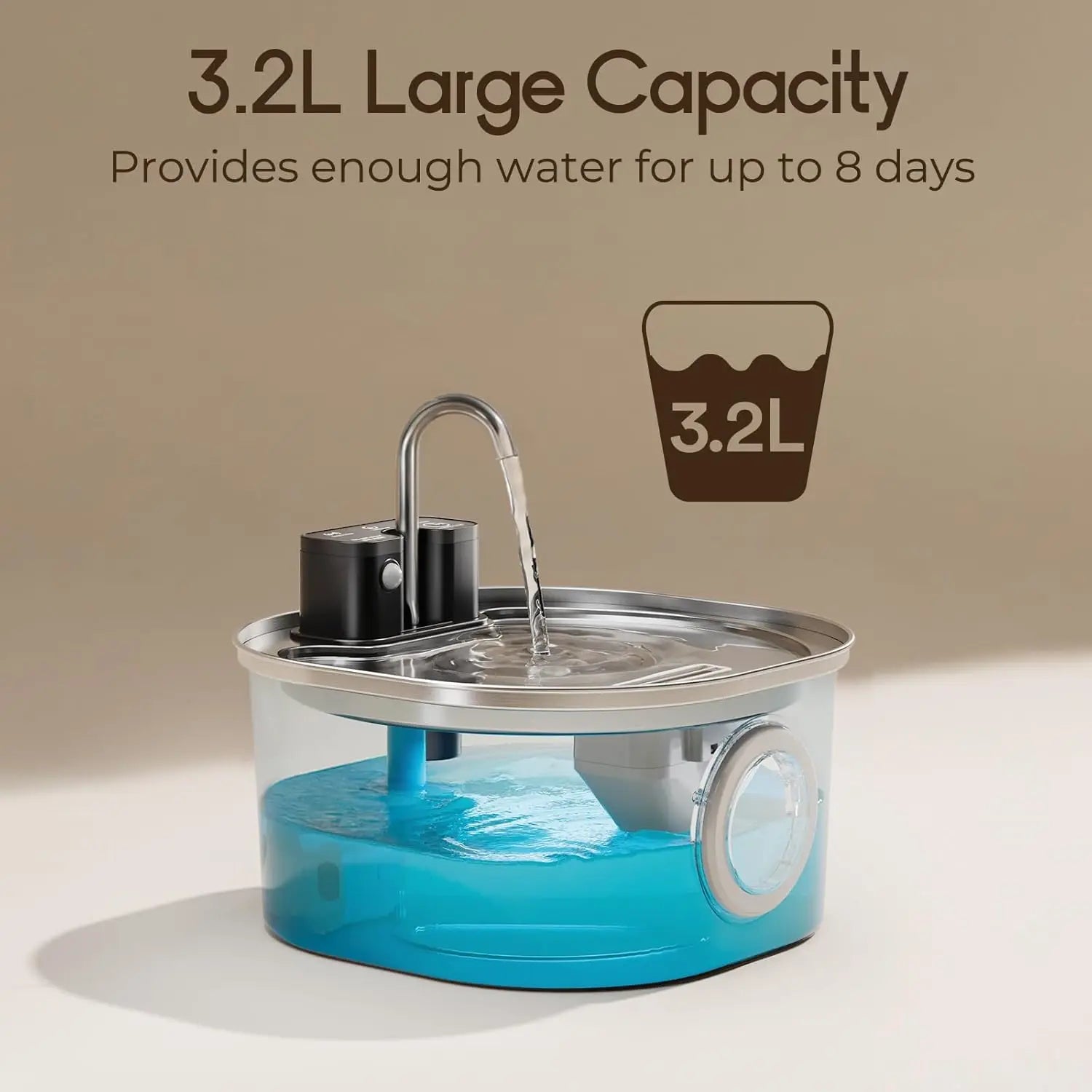 Cat Water Fountain 3.2L, Cordless Rechargeable Stainless Steel with Motion Sensor & 3 Water Modes
