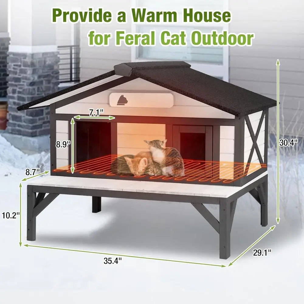 Heated Cat House 35", Large Wood Shelter with Porch, Washable Heated Pad & Thermal Liner
