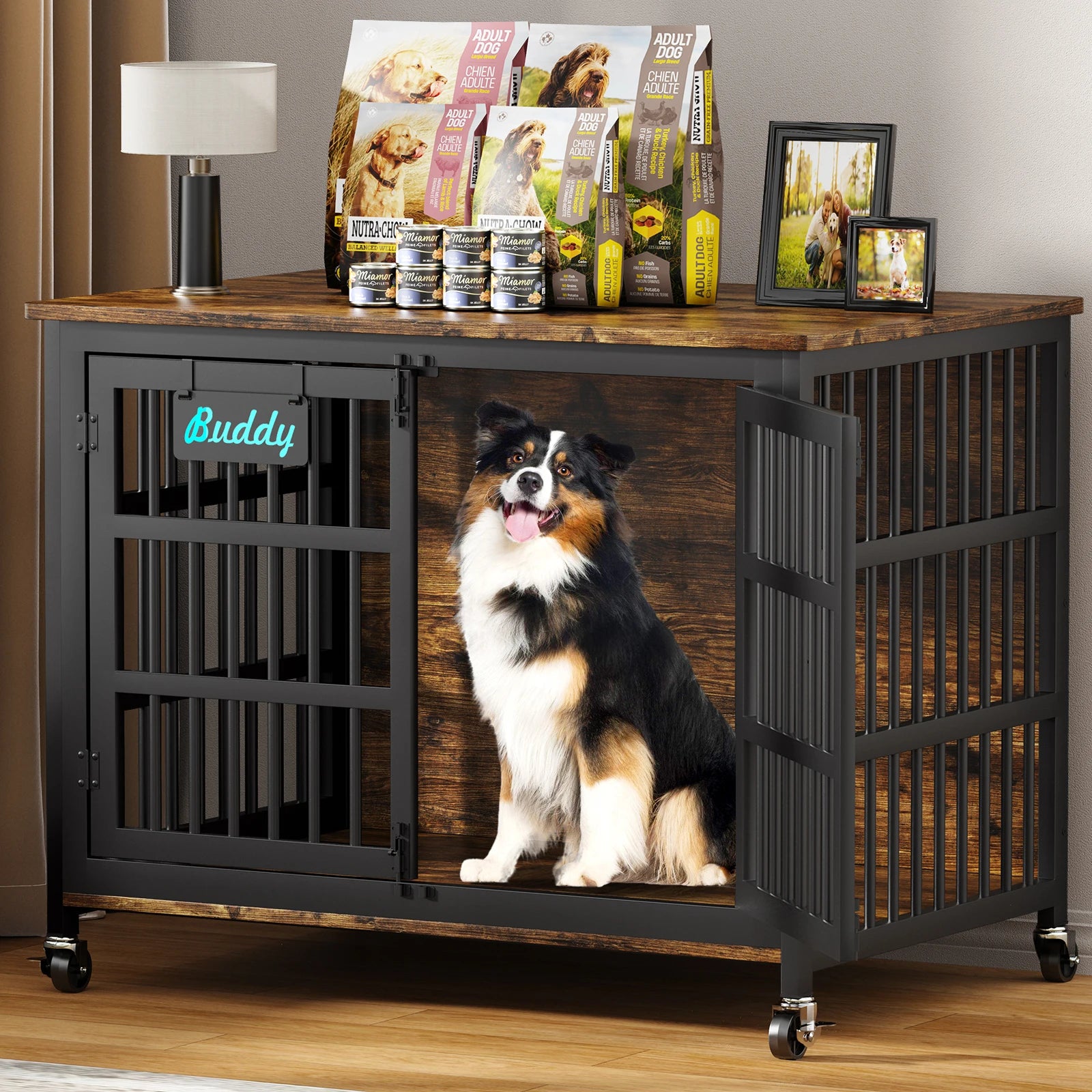Dog Crate Furniture 41"–46", Heavy-Duty Metal & Wood with Double Doors, 6 Slide Locks & Locking Casters