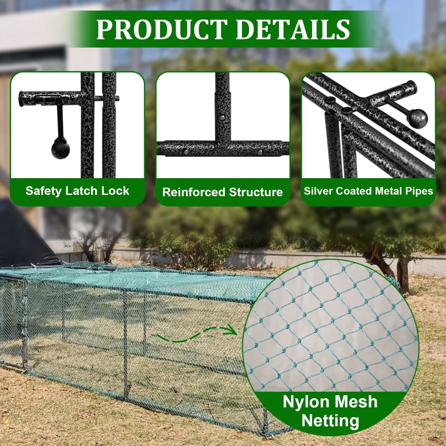 Chicken Coop Run 125", Metal Tunnel Pen with Nylon Netting, Waterproof Cover & Ground Pegs