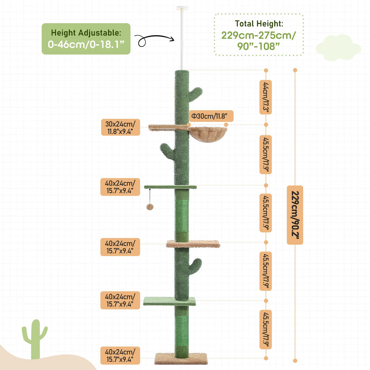 Cat Tree Cactus Floor to Ceiling 90"–108", 5 Levels with Sisal & Hammock