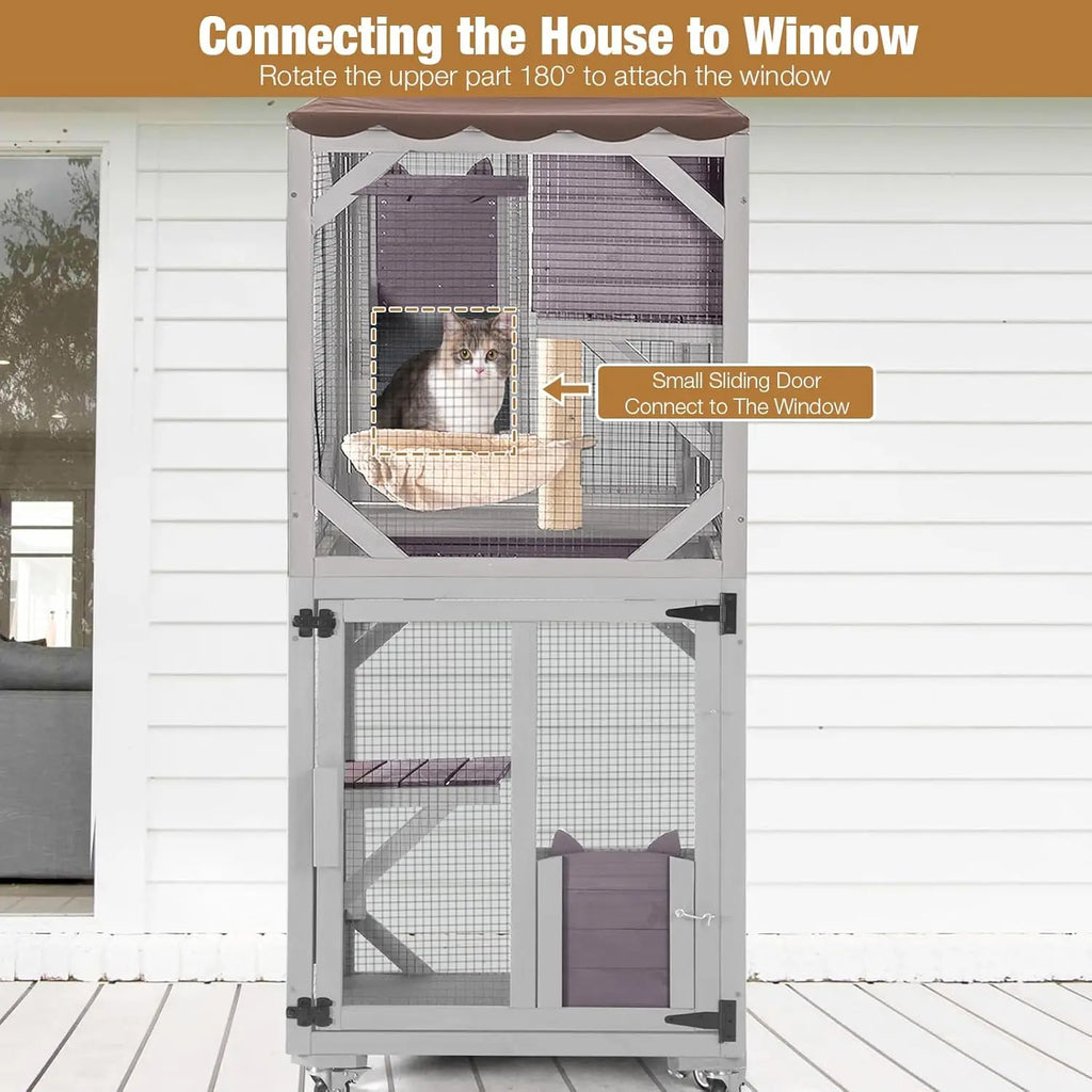 Catio Tower on Wheels 62.8", 4-Tier with Condo, Hammock & Window Access