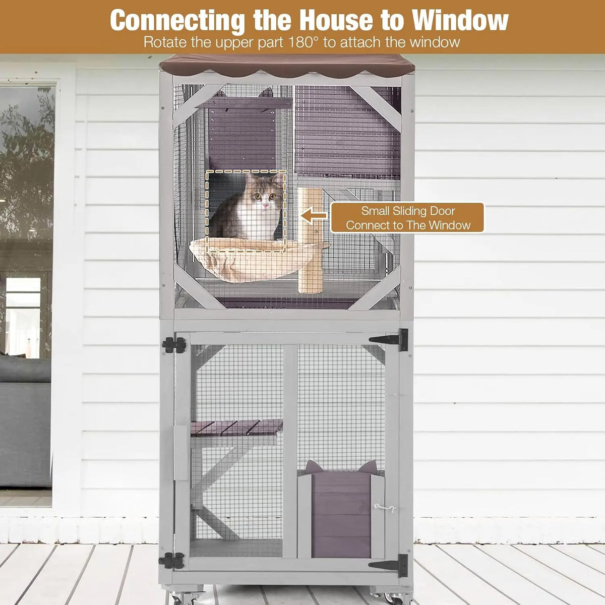 Catio Tower on Wheels 62.8", 4-Tier with Condo, Hammock & Window Access