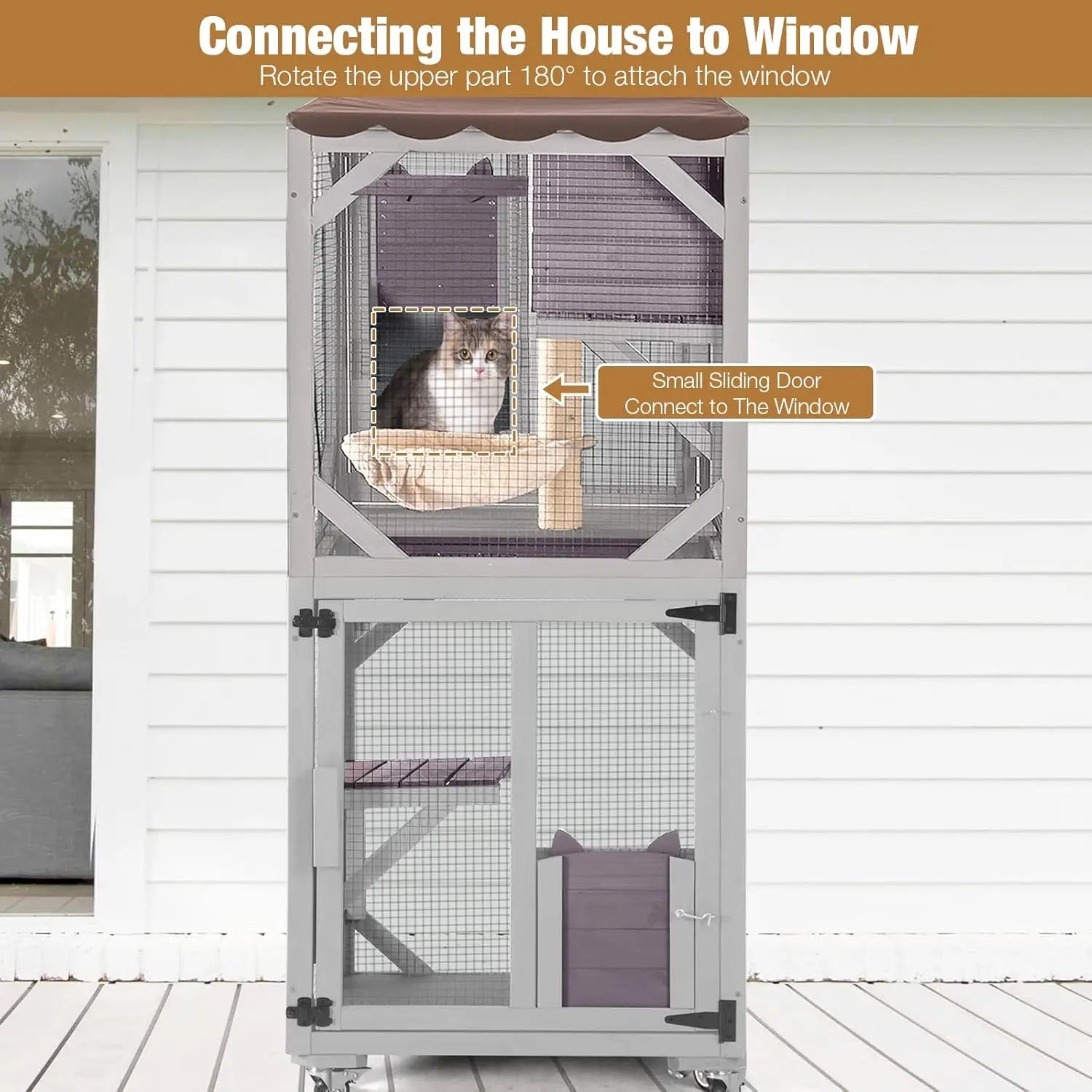 Catio Tower on Wheels 62.8", 4-Tier with Condo, Hammock & Window Access