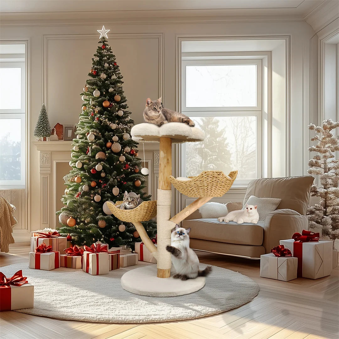 Cat Tree 44", Solid Wood with Natural Baskets, Sisal Post & Dangling Ball