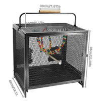 Bird Cage Travel Carrier 23", Wrought Iron Mesh with Wood-Grip Handle, Side Feeder Doors, Wood Perches & Pull-Out Tray