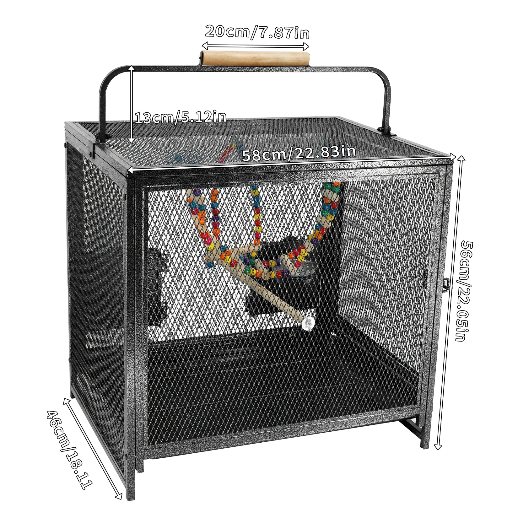 Bird Cage Travel Carrier 23", Wrought Iron Mesh with Wood-Grip Handle, Side Feeder Doors, Wood Perches & Pull-Out Tray