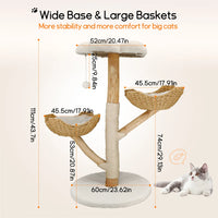 Cat Tree 44", Solid Wood with Natural Baskets, Sisal Post & Dangling Ball