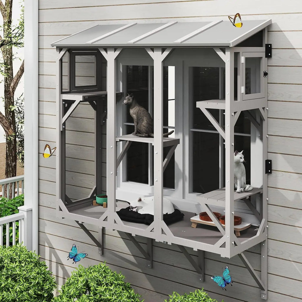 Window Catio 68", Solid Wood with 4 Platforms, Fine Mesh & Lockable Doors
