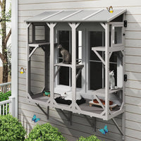 Window Catio 68", Solid Wood with 4 Platforms, Fine Mesh & Lockable Doors