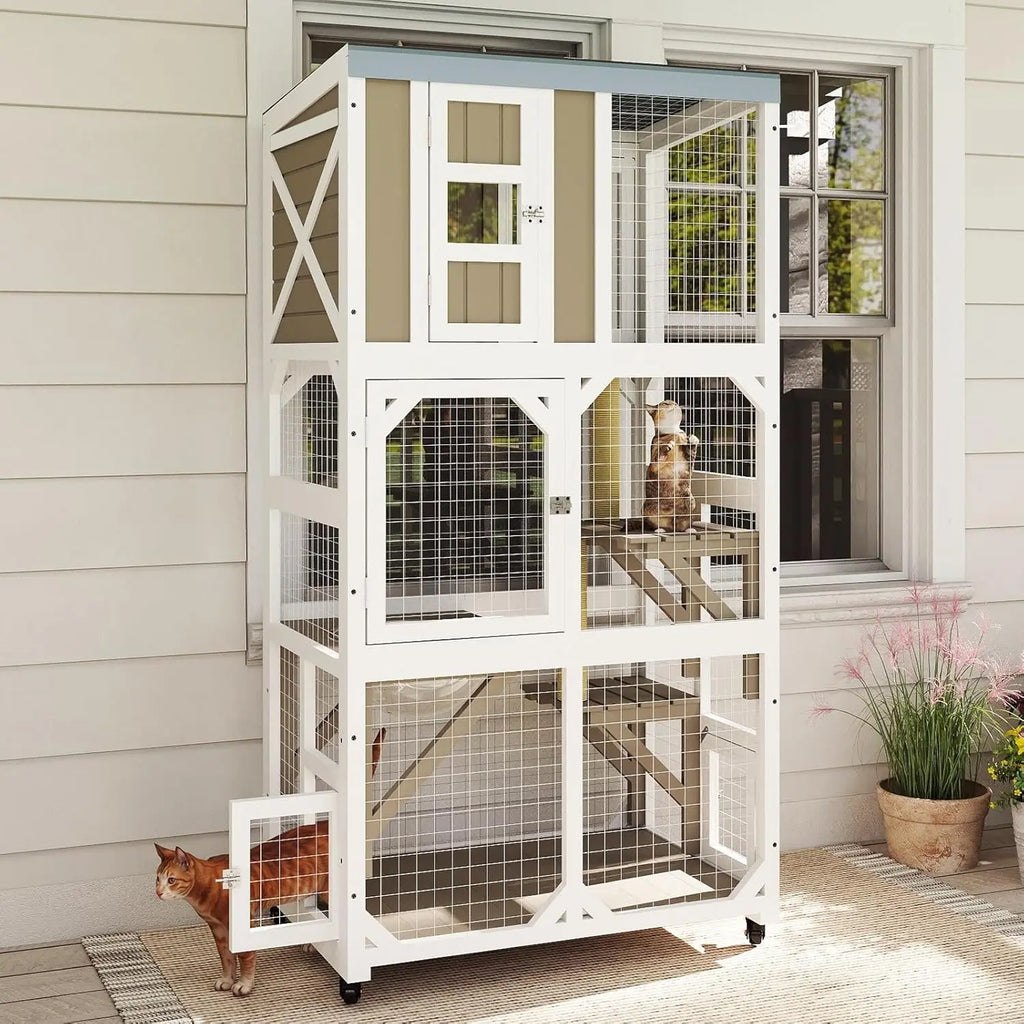 Catio on Wheels 63", Wooden with 3 Platforms, Capsule Bed & Window Access