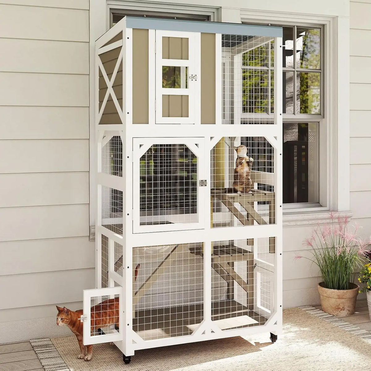 Catio on Wheels 63", Wooden with 3 Platforms, Capsule Bed & Window Access