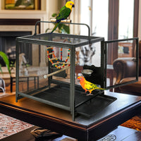 Bird Cage Travel Carrier 23", Wrought Iron Mesh with Wood-Grip Handle, Side Feeder Doors, Wood Perches & Pull-Out Tray