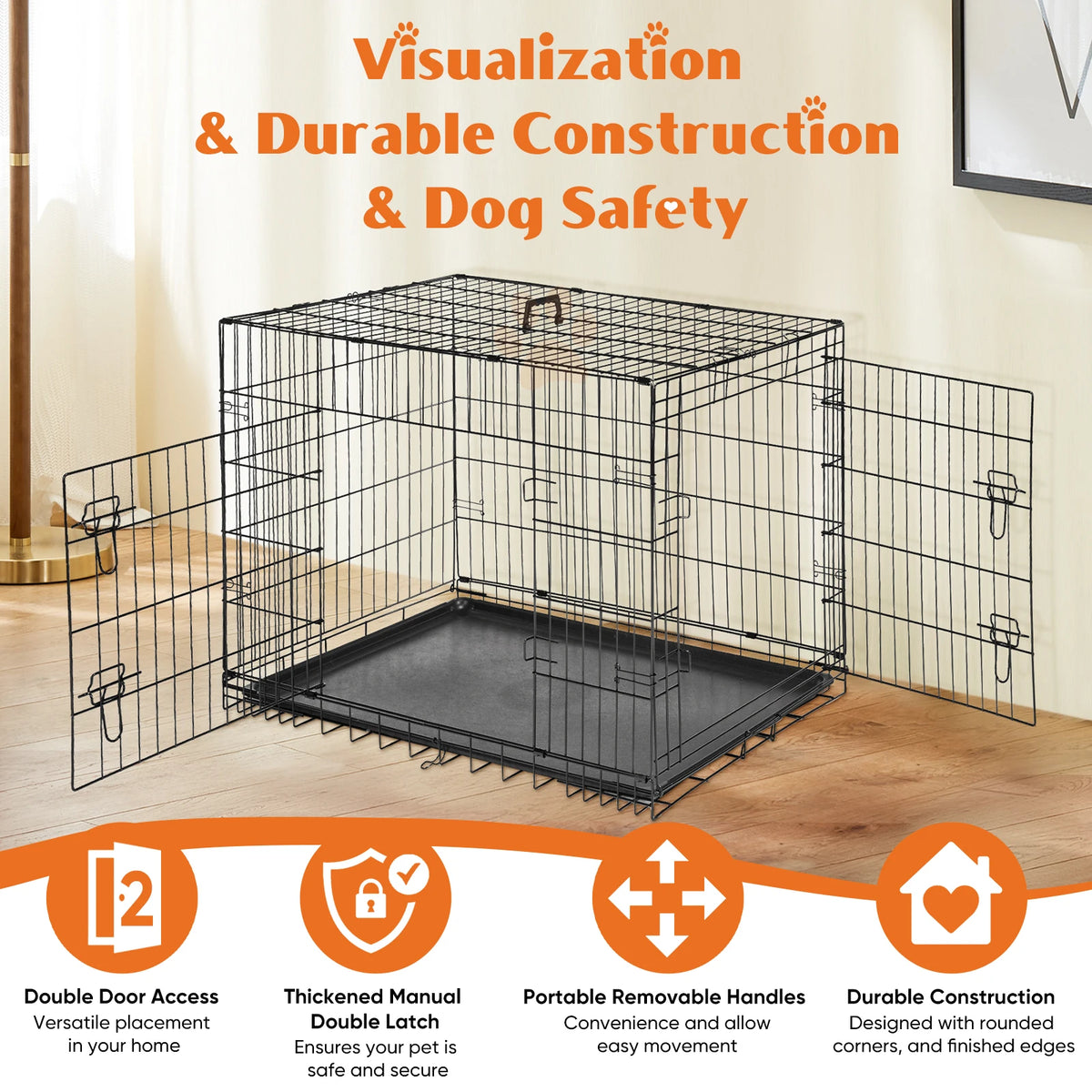 Dog Crate 36"–48", Folding Metal Wire with Double Doors, Divider Panel & Leak-Proof Tray