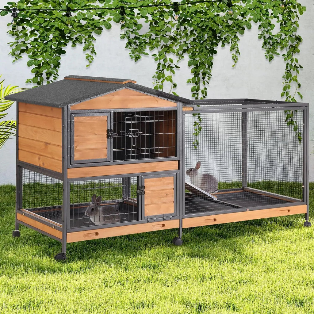 Rabbit Hutch 2-Story, Chew-Proof Wood with Metal Frame, 6 Locking Casters & 3 Pull-Out Trays
