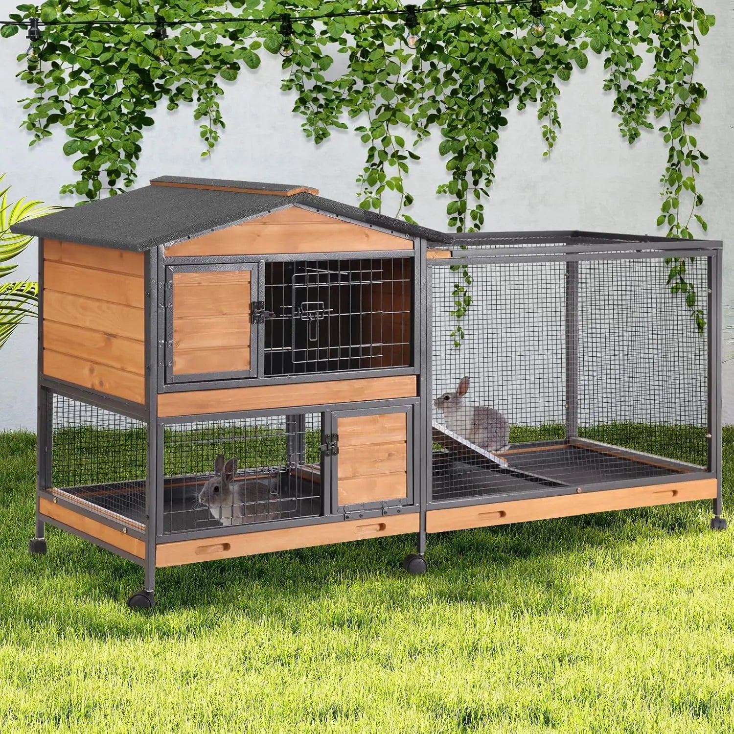 Rabbit Hutch 2-Story, Chew-Proof Wood with Metal Frame, 6 Locking Casters & 3 Pull-Out Trays
