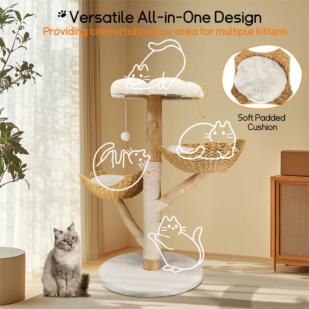 Cat Tree 44", Solid Wood with Natural Baskets, Sisal Post & Dangling Ball