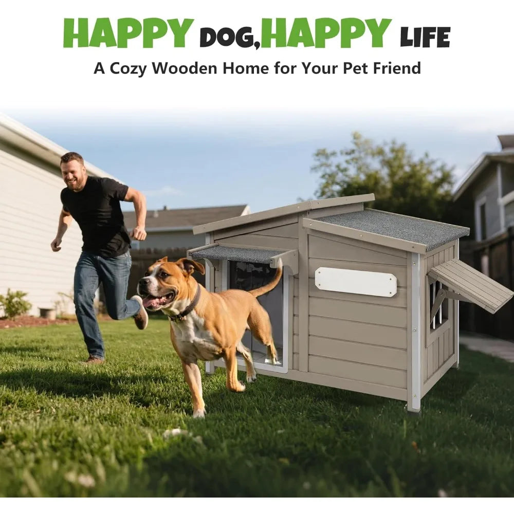 Outdoor Dog House 34", Fir Wood with Chew-Resistant Alloy Frame, Flip-Up Window & Removable Floor