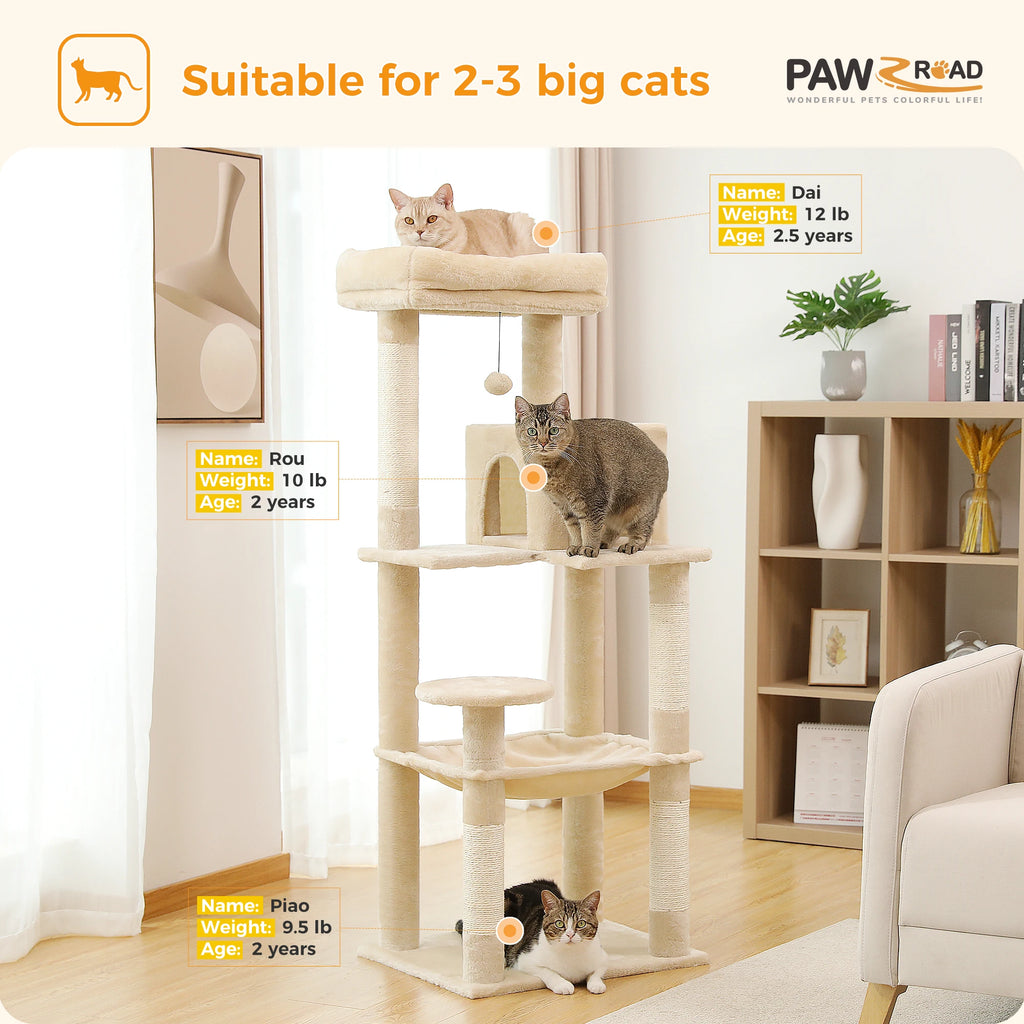Cat Tree 143cm, 5-Level with Sisal Posts, Hammock, Condo & Top Perch