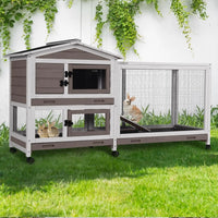 Rabbit Hutch 2-Story, Chew-Proof Wood with Metal Frame, 6 Locking Casters & 3 Pull-Out Trays
