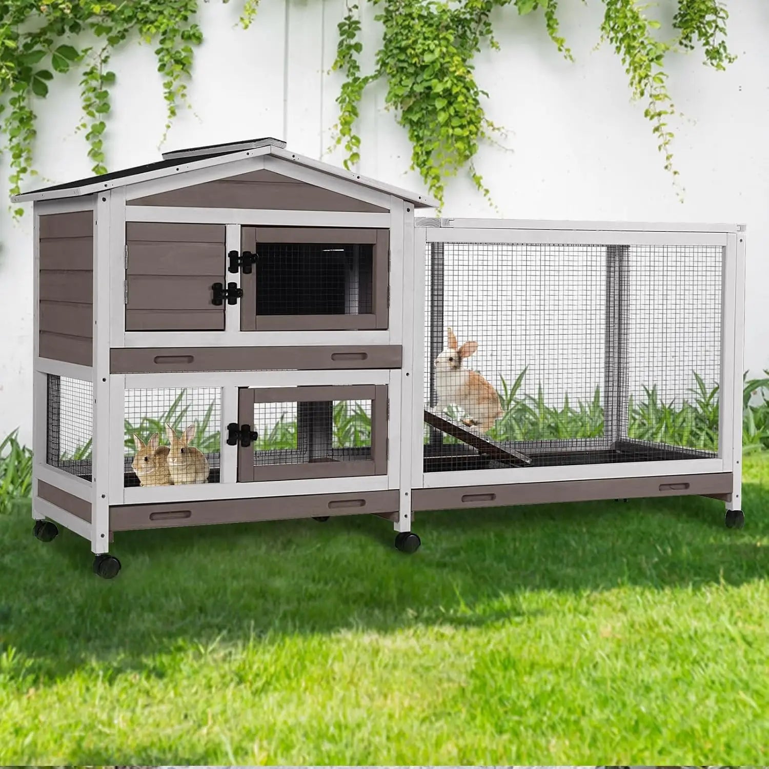 Rabbit Hutch 2-Story, Chew-Proof Wood with Metal Frame, 6 Locking Casters & 3 Pull-Out Trays