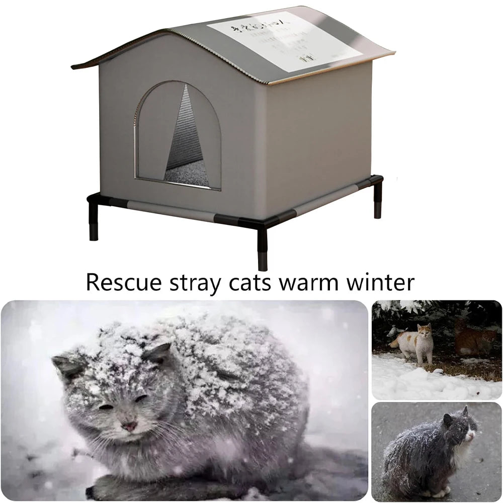 Cat House Outdoor 13"–16.5", Waterproof Elevated Shelter with Reversible Mat