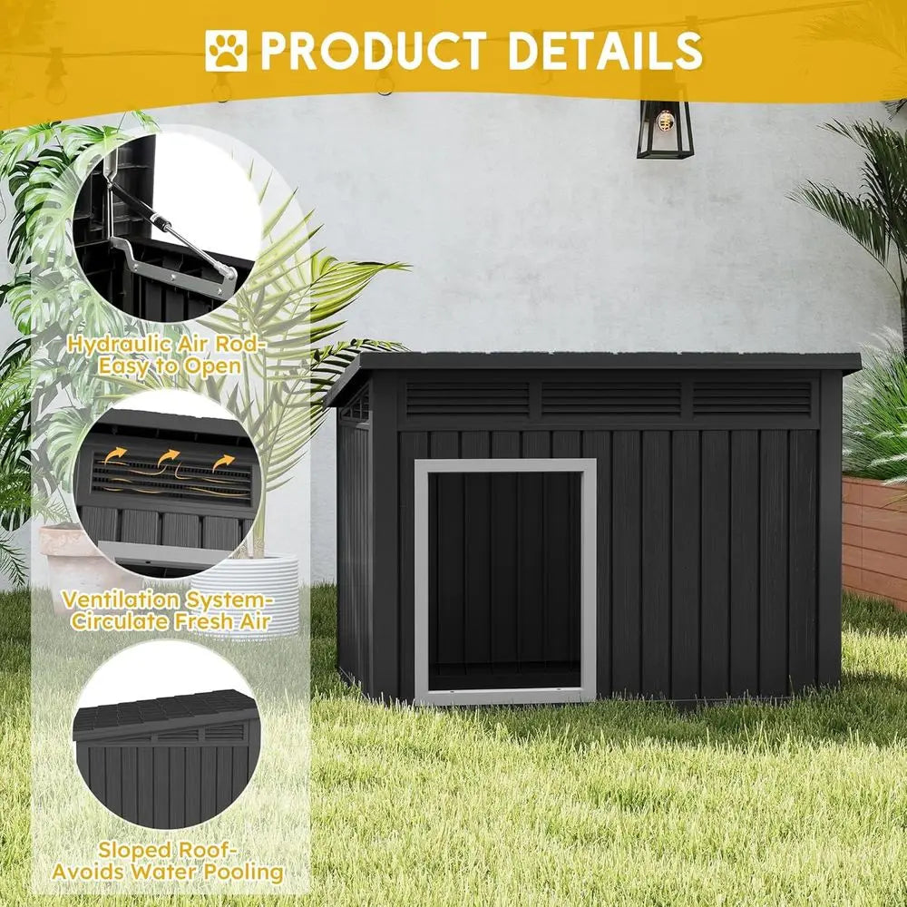 Dog House 43", Weatherproof Resin with Gas-Strut Opening Roof & Louvered Vents
