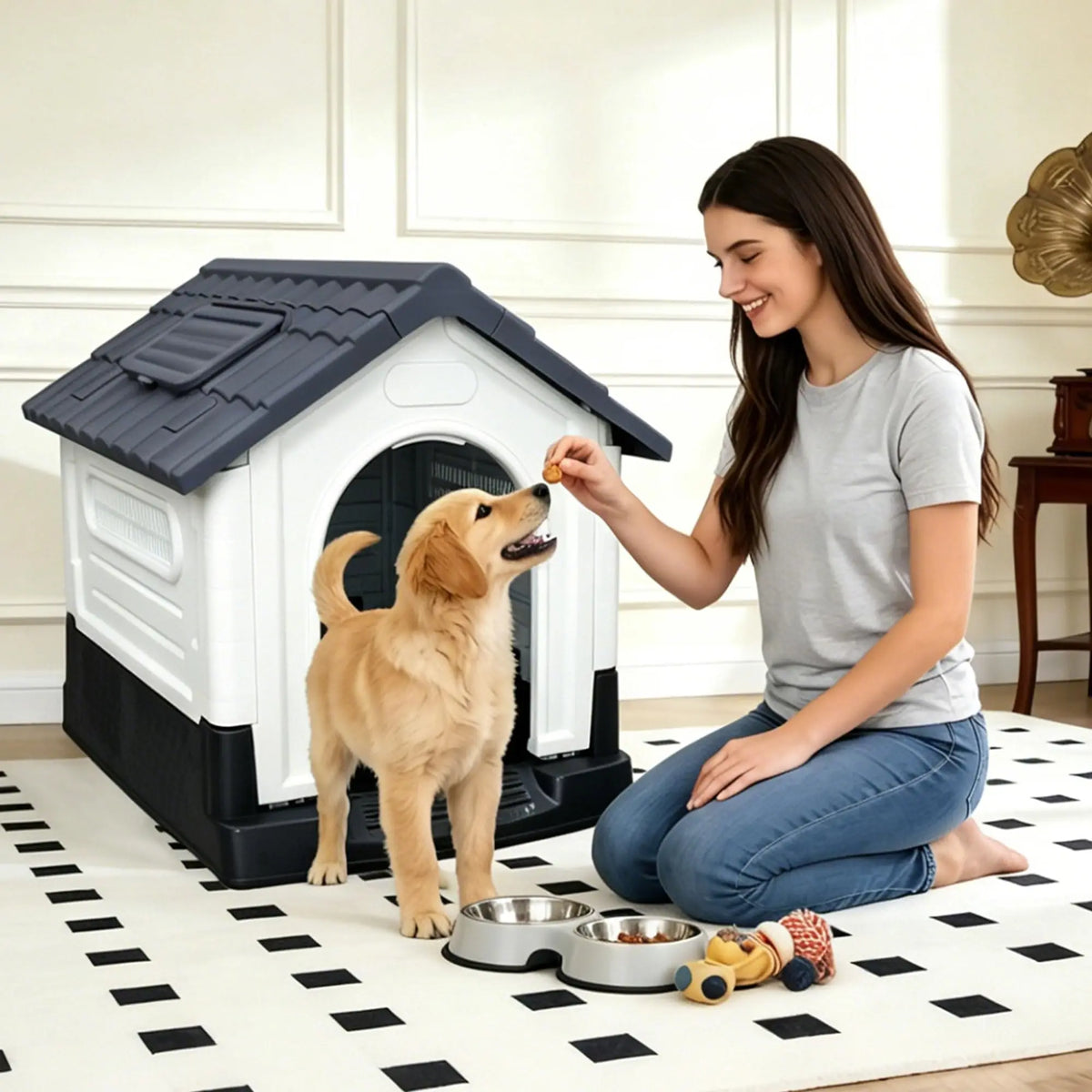 Outdoor Dog House 39", Waterproof Plastic Shelter with Openable Roof, Vent Windows & Raised Floor