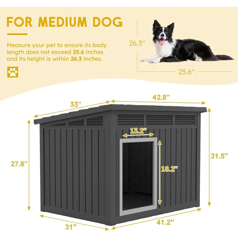 Dog House 43", Weatherproof Resin with Gas-Strut Opening Roof & Louvered Vents