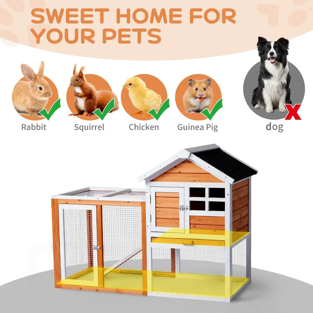 Wooden Rabbit Hutch 46" with Run, Fir Wood & Galvanized Mesh, Pull-Out Tray, Two Latching Doors & Waterproof Roof