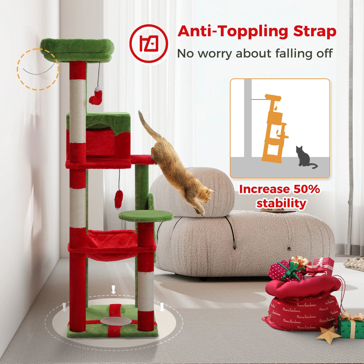 Cat Tree 143cm, 5-Level with Sisal Posts, Hammock, Condo & Top Perch