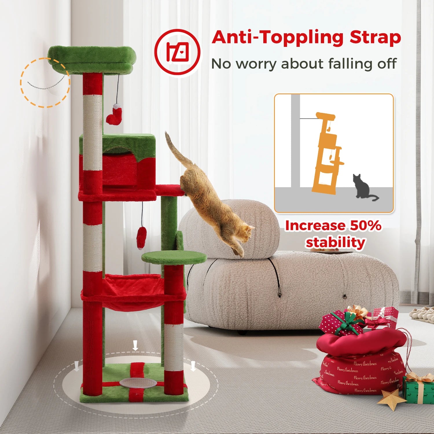 Cat Tree 143cm, 5-Level with Sisal Posts, Hammock, Condo & Top Perch