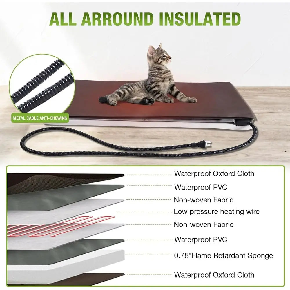 Heated Cat House 35", Large Wood Shelter with Porch, Washable Heated Pad & Thermal Liner