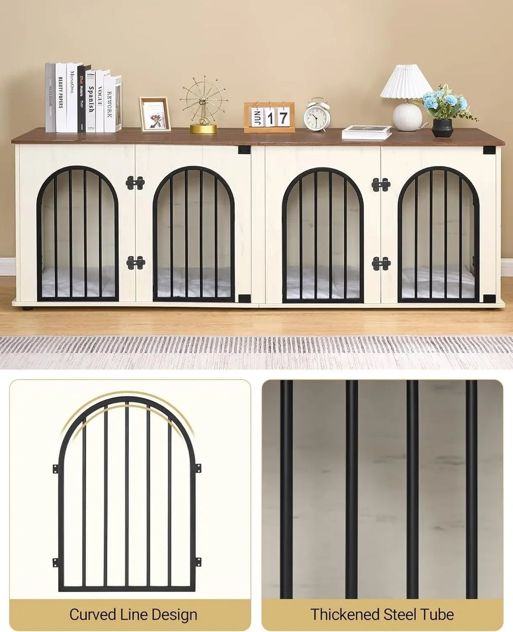 Dog Crate Furniture 71" for Two Dogs, Wood & Steel with Removable Divider, Arch Doors & Washable Cushions